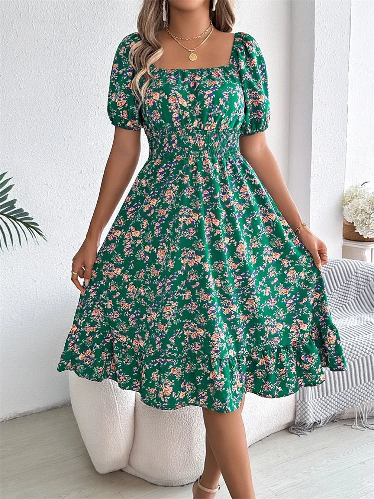 Elegant women's floral smocked midi dress, square neck, puff sleeves, ideal for summer events.