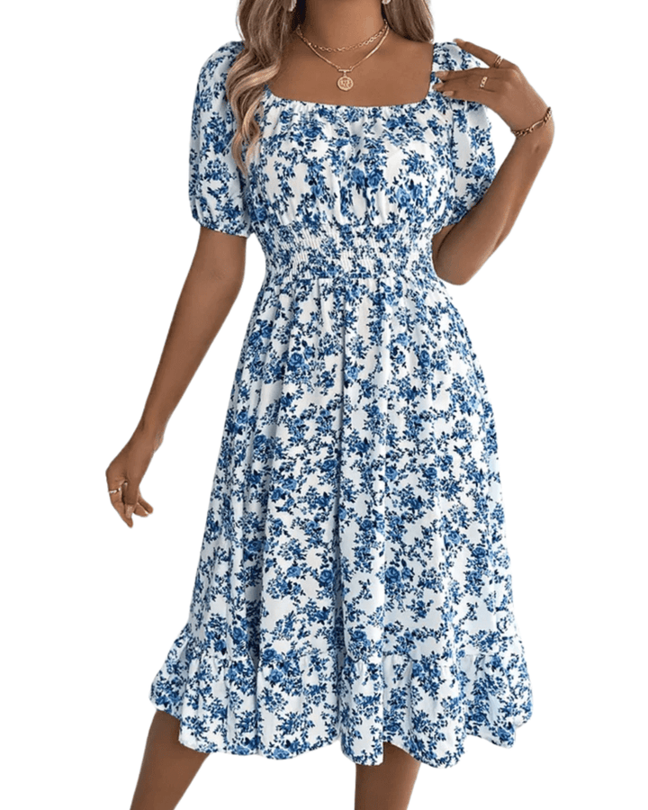 Versatile women's floral midi dress, smocked, puff sleeves. Perfect for summer & autumn fashion.