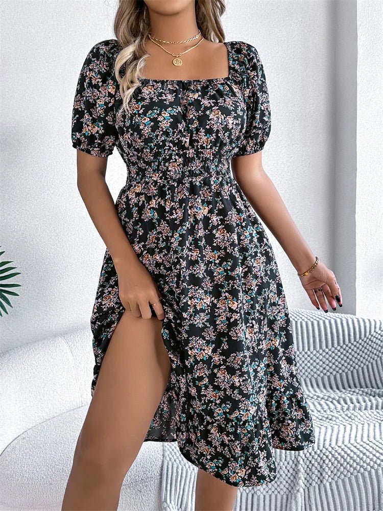 Women's smocked floral midi dress with square neck and puff sleeves, a comfortable summer dress.