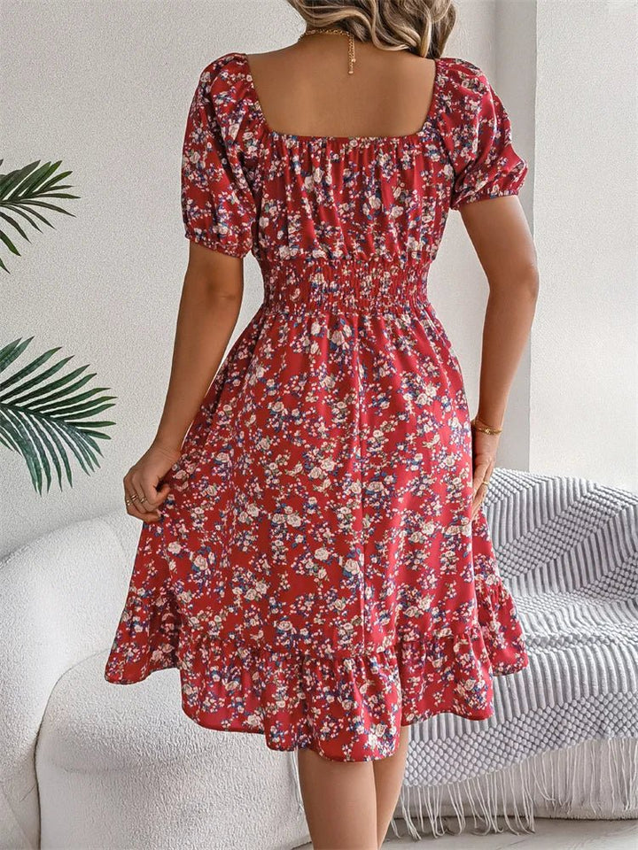 Elegant women's floral smocked midi dress, puff sleeves, square neck, versatile fashion for women.