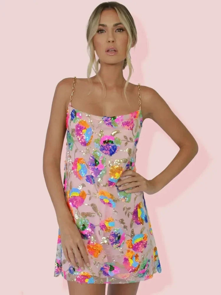 Chic women's A-line floral summer mini dress, perfect elegant sundress with vibrant print.
