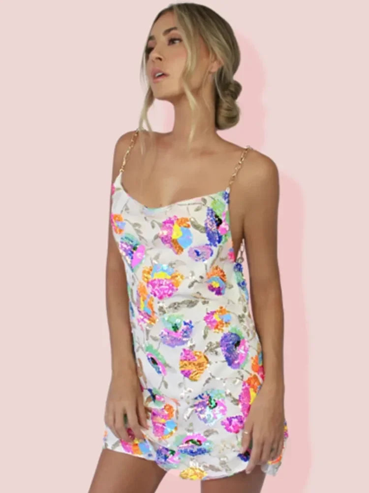Pink elegant floral summer mini dress, A-line cut and delicate spaghetti straps for women.