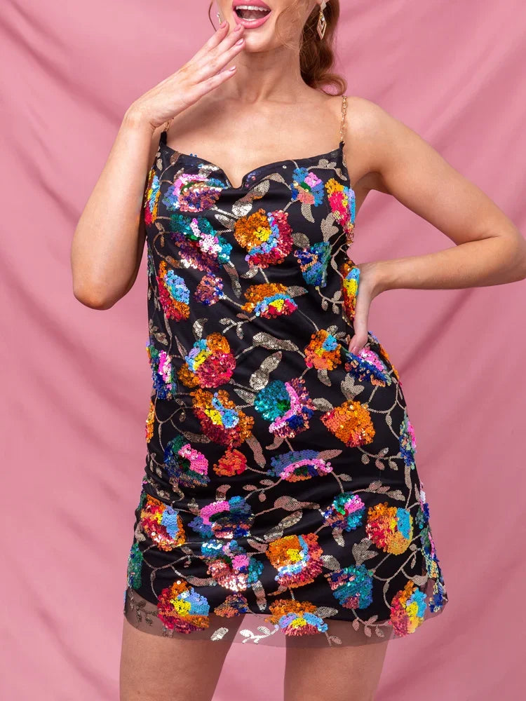 Orange vibrant floral print women's mini dress, elegant summer sundress with spaghetti straps.