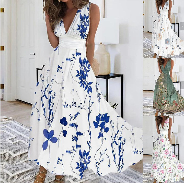 Elegant long floral dress with a flattering V-neck and A-line shape, suitable for formal or casual parties.