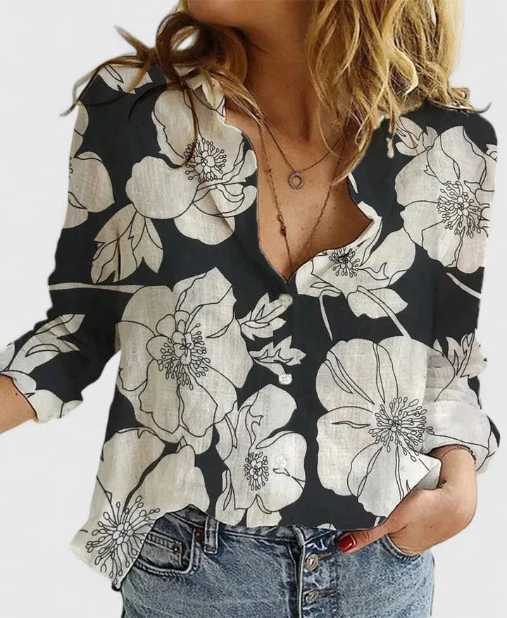 Women's elegant floral V-neck long sleeve blouse, relaxed fit. Perfect for casual outfits or workwear.