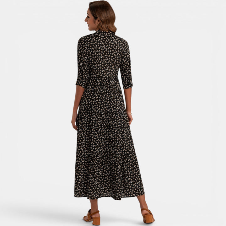 Elegant women's V-neck floral maxi dress, flowy silhouette, comfortable and fashionable.