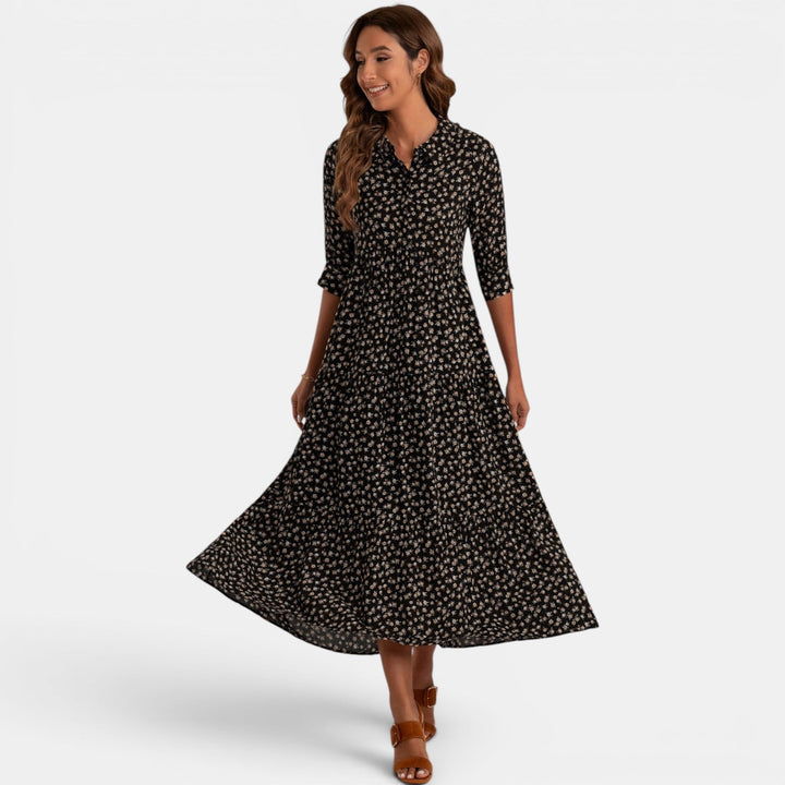 Versatile women's floral maxi dress, V-neck, relaxed fit, perfect for casual or dressed up.