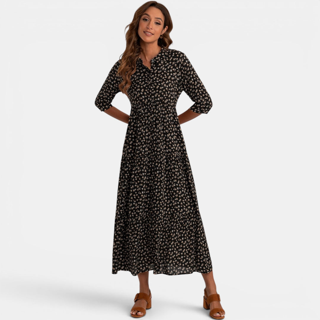 Women's comfortable floral print V-neck maxi dress with half sleeves, everyday elegance.
