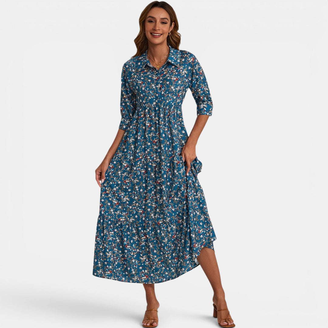 Comfortable women's floral print maxi dress featuring a stylish V-neck and relaxed fit.
