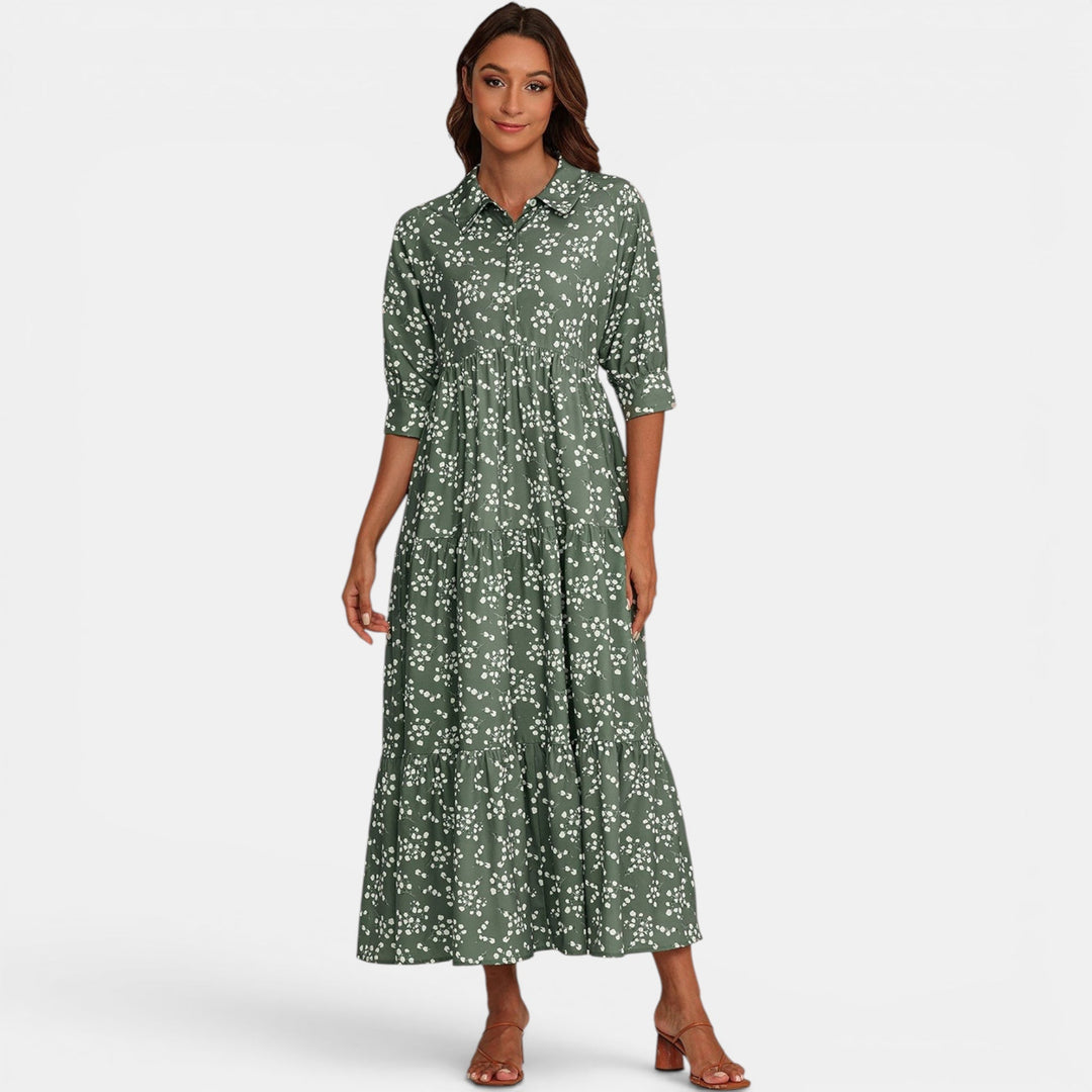 Effortless women's summer dress: floral V-neck maxi with half sleeves for everyday elegance.