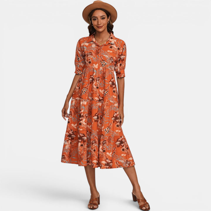 Versatile floral maxi dress for women, V-neck, half sleeves, ideal for casual and comfort.
