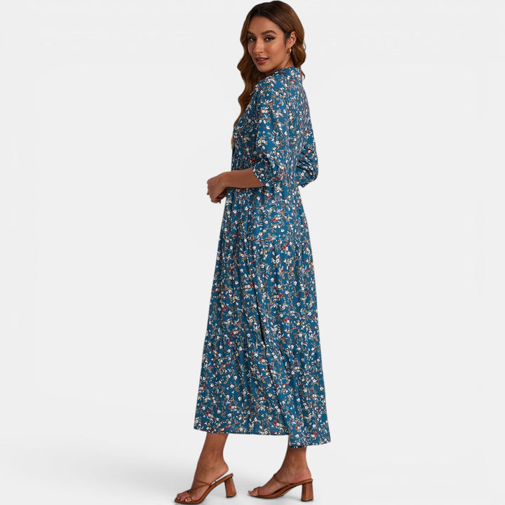 Women's summer floral maxi dress, V-neck, half sleeves, offering effortless casual elegance.