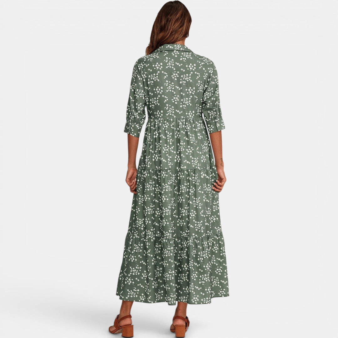 Comfortable women's floral V-neck maxi dress, relaxed fit, ideal for warm weather style.