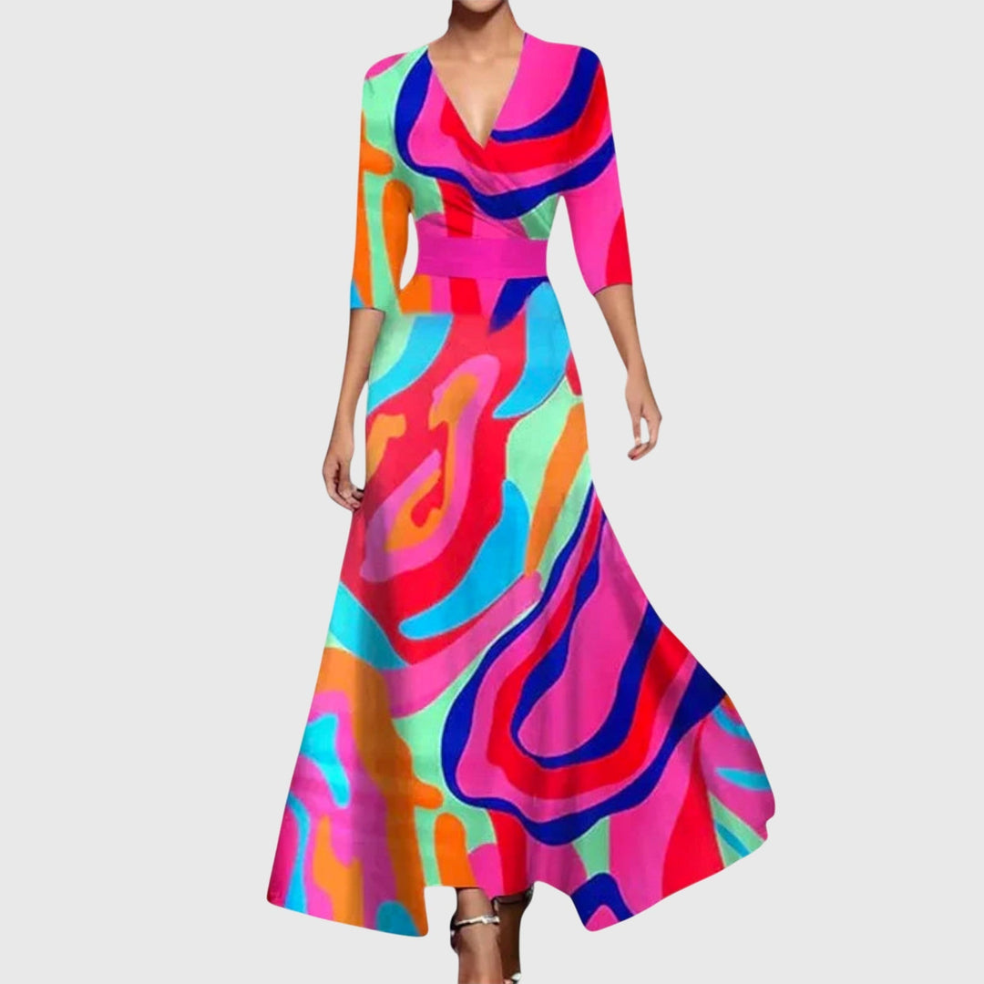 Chic women's bohemian floral V-neck wrap maxi dress, long and breezy for summer fashion.