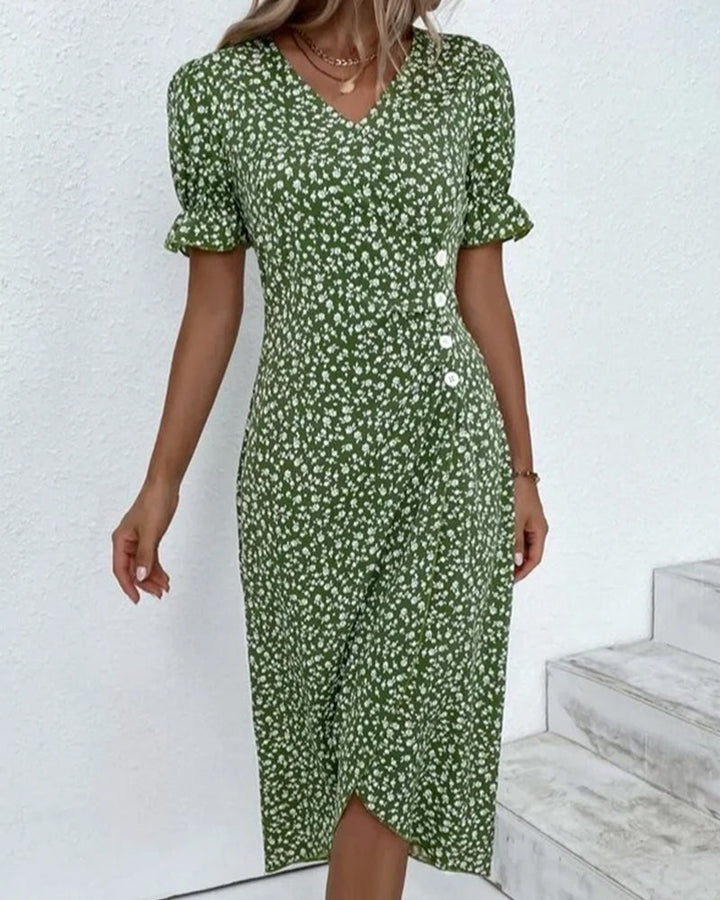 Women's elegant floral V-neck wrap midi dress. Perfect for summer parties & special occasions.