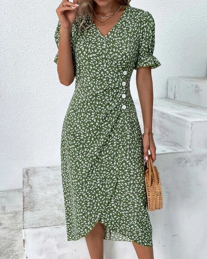 Comfortable women's floral midi dress, featuring a V-neck and easy-to-wear wrap silhouette.