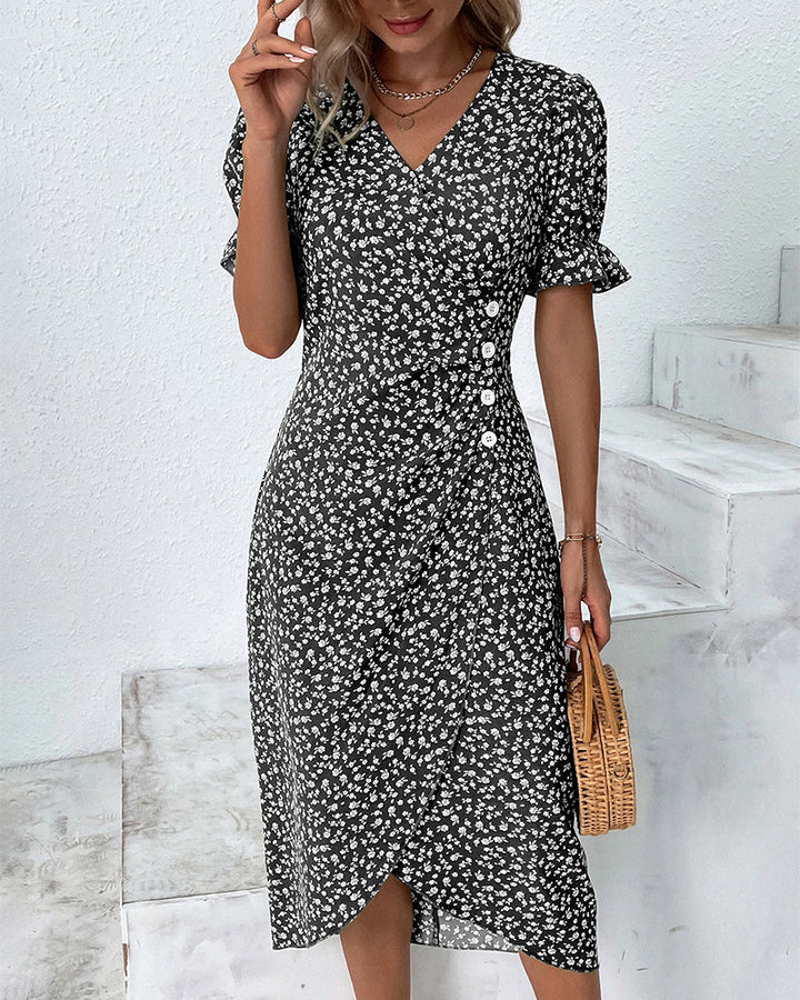 Full-length view of the elegant floral V-neck wrap midi dress, a versatile party or day dress.