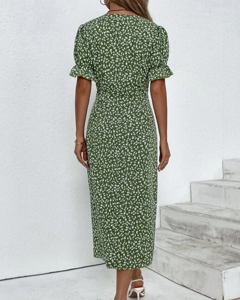 Flattering floral print V-neck wrap midi dress for women. Stylish and comfortable day dress.