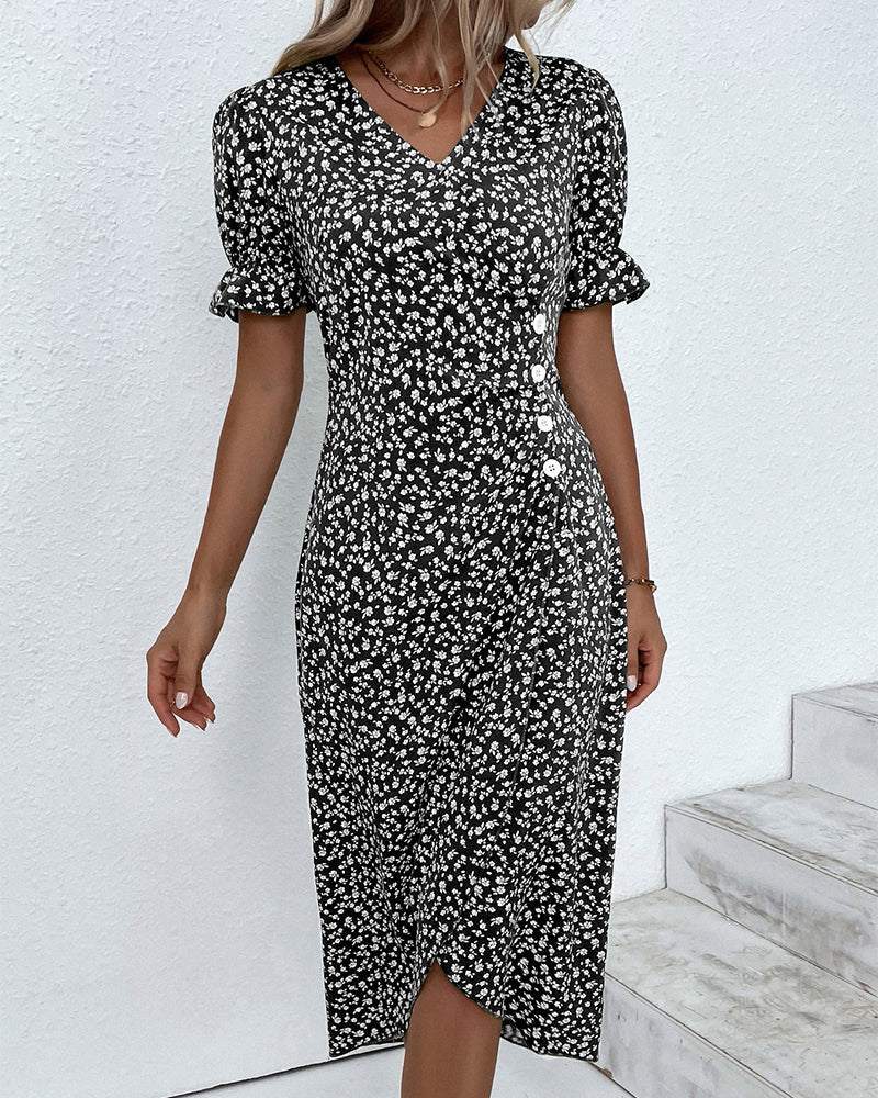 Back view of the elegant women's floral midi wrap dress, ideal for occasion wear.