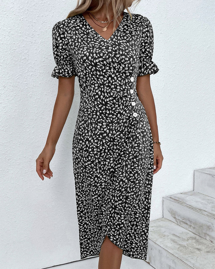 Back view of the elegant women's floral midi wrap dress, ideal for occasion wear.