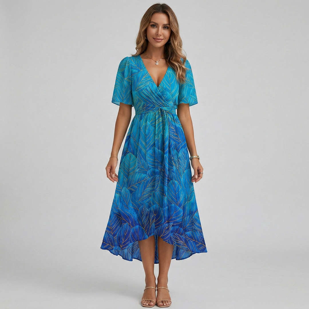 Women's elegant floral wrap midi dress with short sleeves & A-line skirt. Perfect for summer occasions.