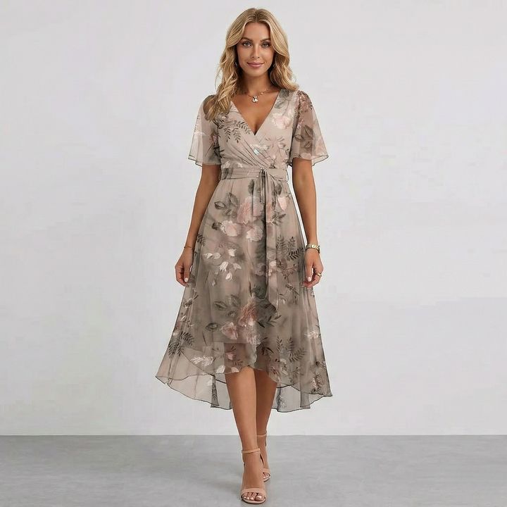 Classic women's floral wrap midi dress with short sleeves. A-line cut, elegant for summer occasion wear.