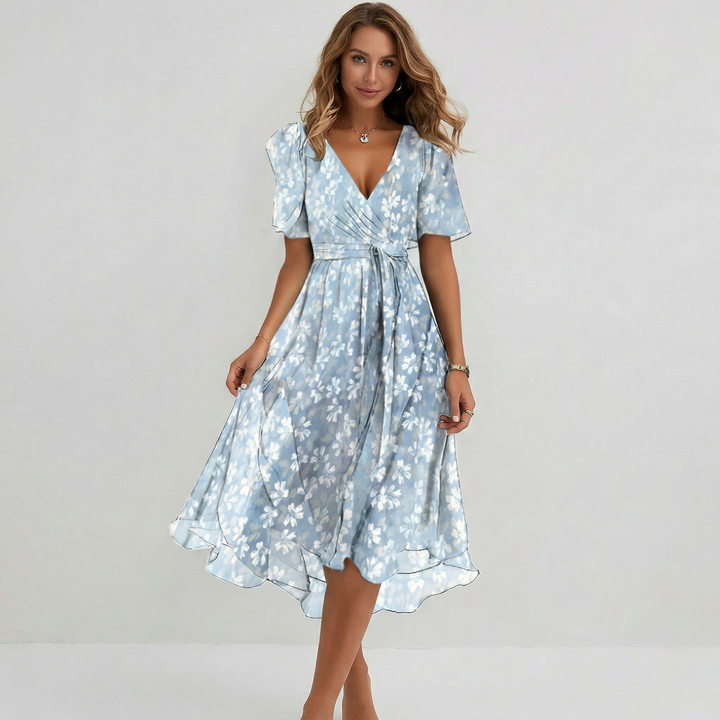 Women's beautiful floral print wrap midi dress, featuring a flattering short sleeve A-line silhouette.
