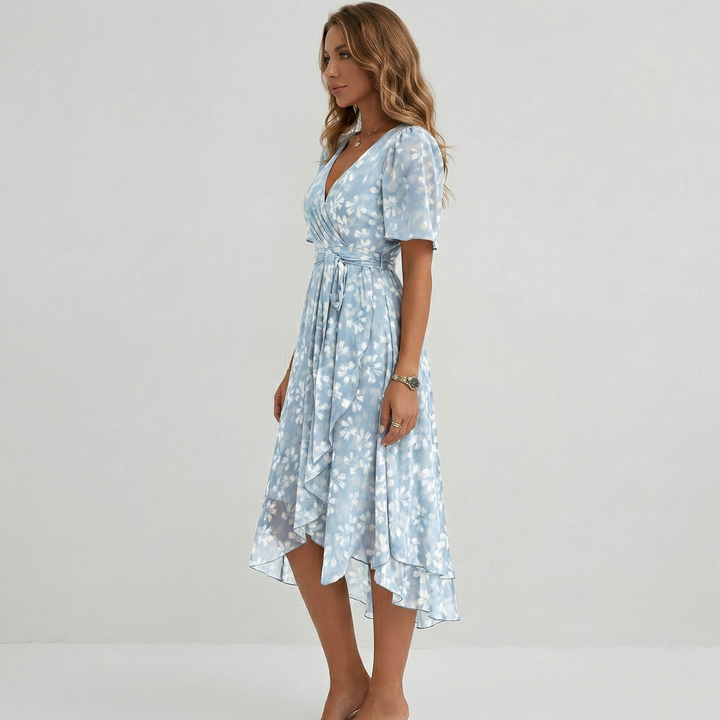 Floral wrap midi dress for women. Short sleeve, A-line design. Elegant summer occasion wear.