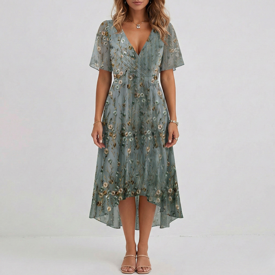Graceful women's floral wrap midi dress. Short sleeve A-line for elegant summer events & parties.