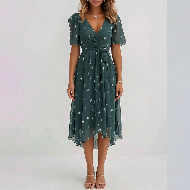 Vibrant floral pattern women's wrap midi dress. Elegant short sleeve A-line for summer occasion wear.