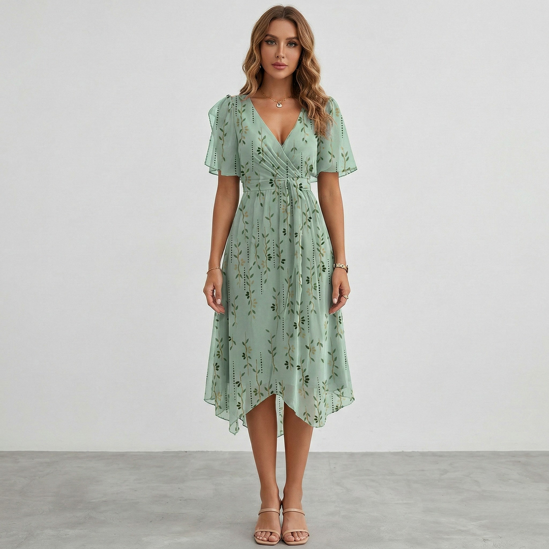 Flattering A-line floral wrap midi dress for women. Elegant short sleeves, perfect for summer occasions.