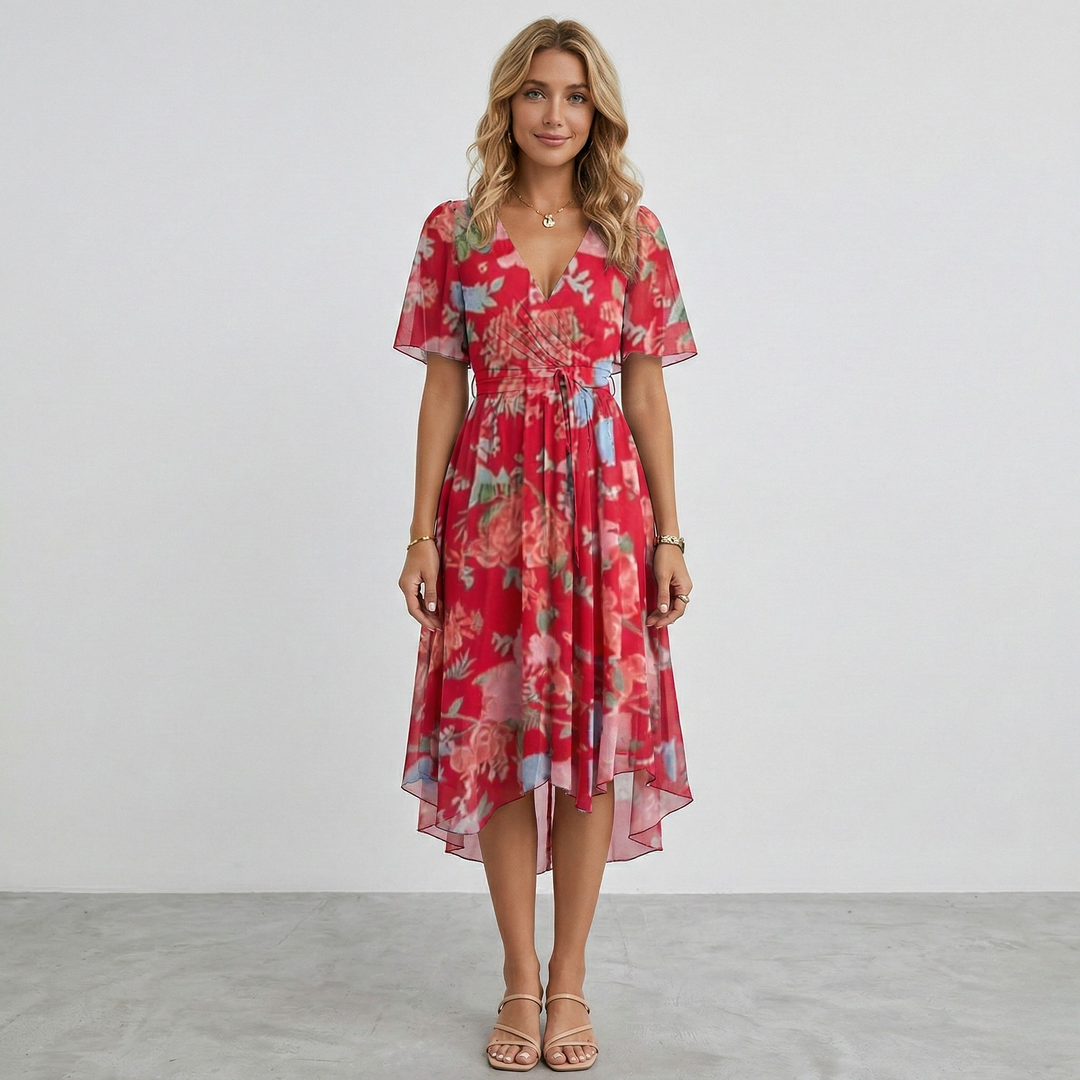 Women's elegant floral wrap midi dress. Short sleeve A-line. Ideal for summer and special events.