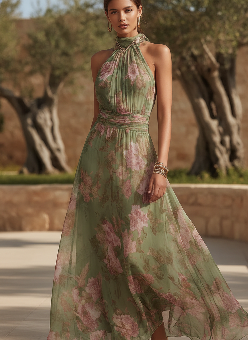 Women's elegant floral wrapped halter neck maxi dress, perfect for garden parties & summer occasions. Green, sleeveless.