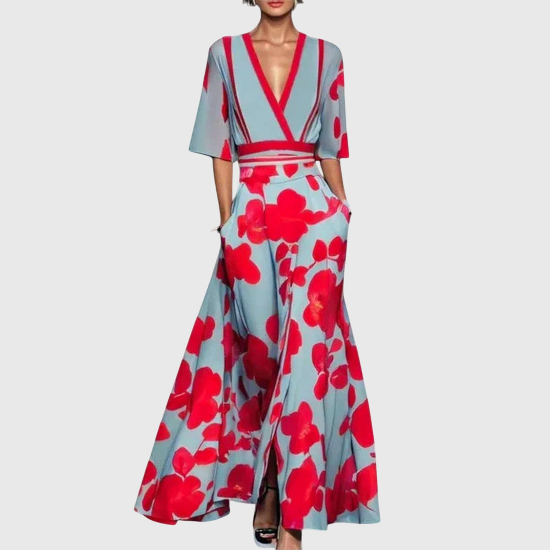 Chic red flowy maxi dress for women, ideal for parties and elegant evening events.