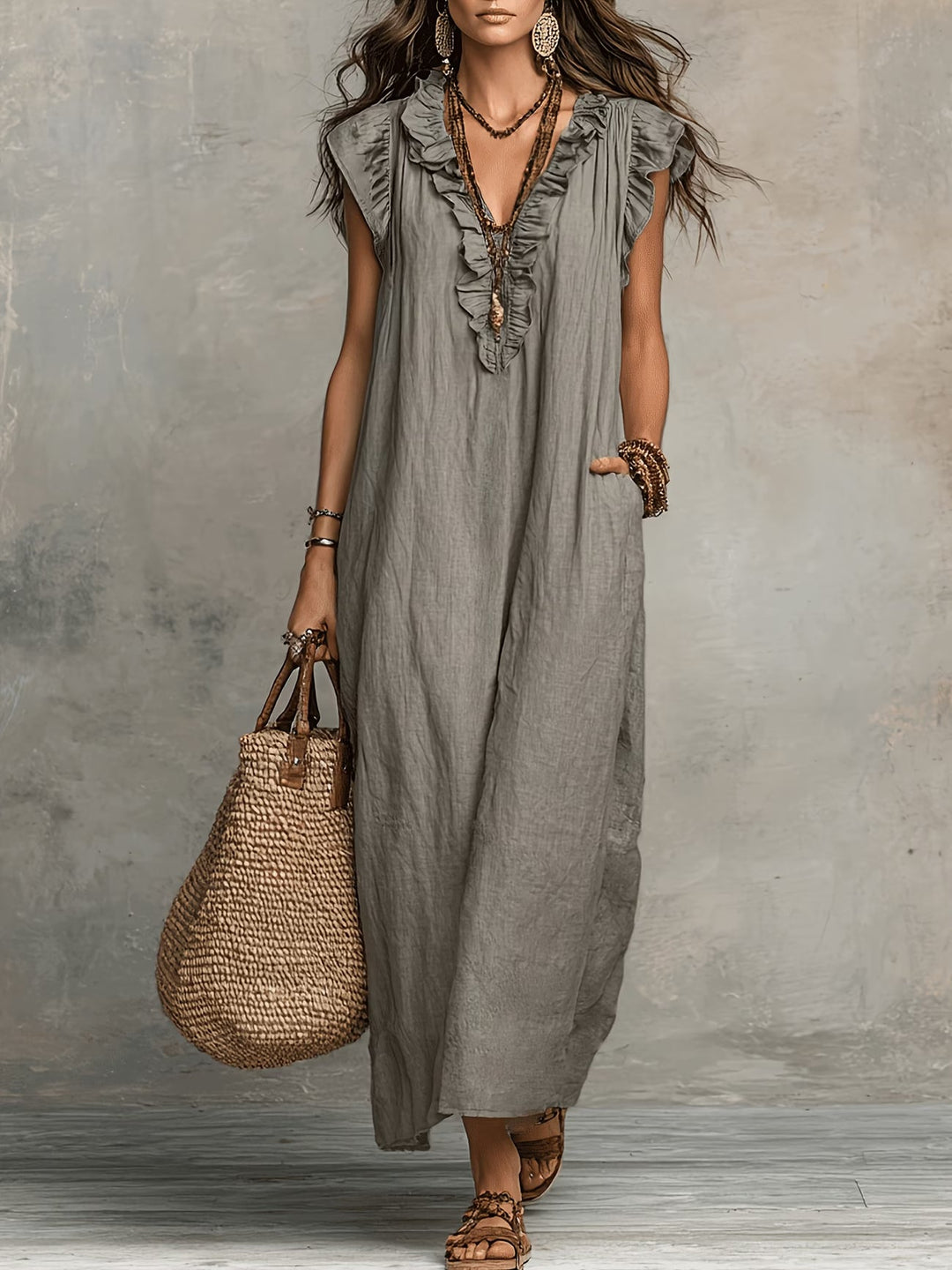 Flowy women's sleeveless ruffle dress. Versatile & chic, perfect for summer fashion, parties, or elegant casual wear.