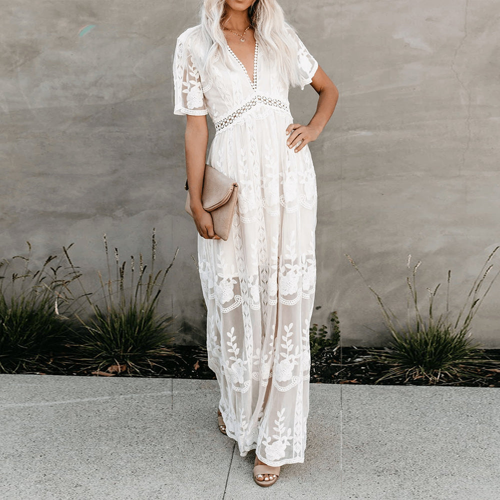 Elegant women's long flowy V-neck maxi dress, perfect for formal or casual summer fashion.