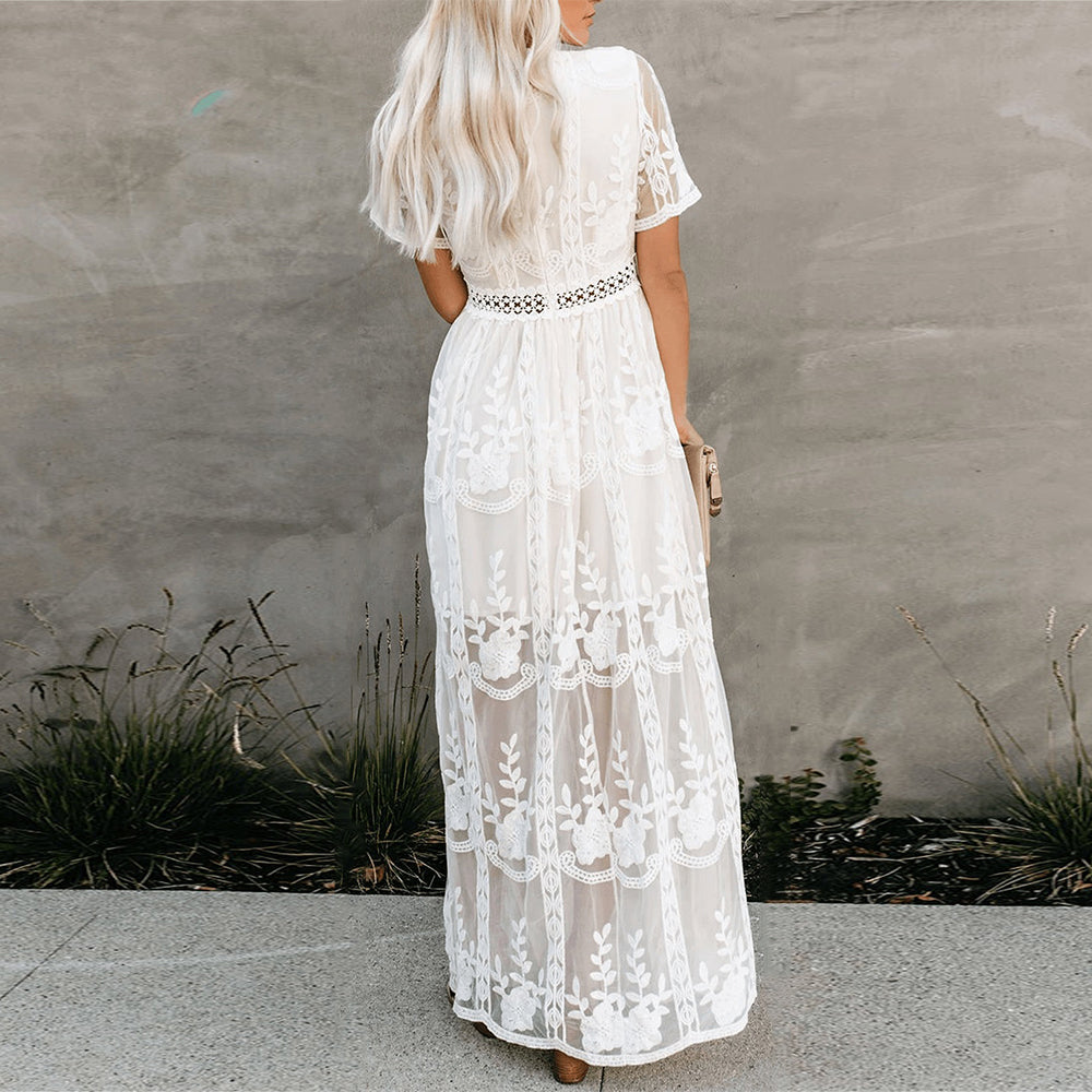 Comfortable women's flowy maxi dress with a flattering V-neck, ideal for summer casual wear.