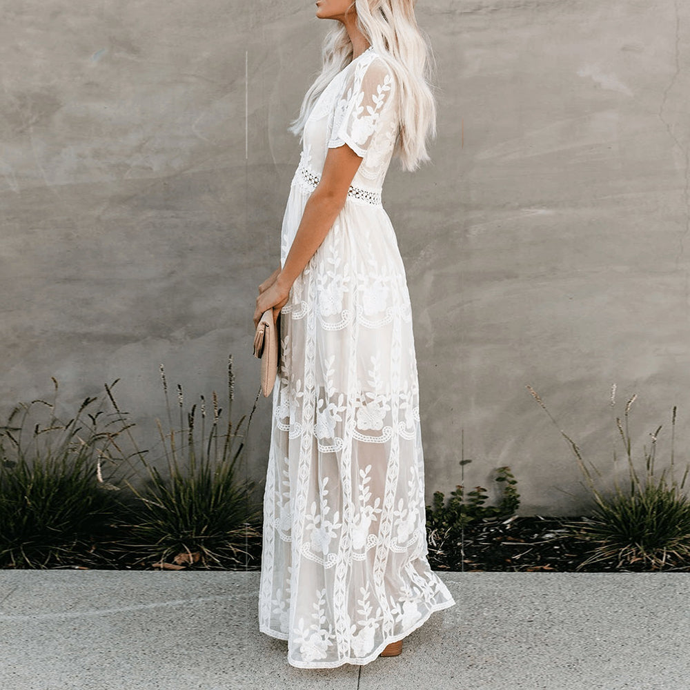Full-length women's versatile flowy maxi dress, featuring an elegant V-neck for stylish comfort.