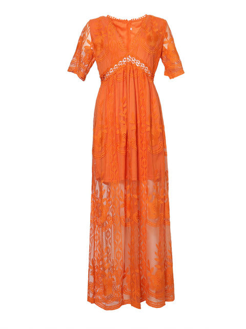 Close-up of the chic V-neck on a comfortable, elegant women's flowy long maxi dress.