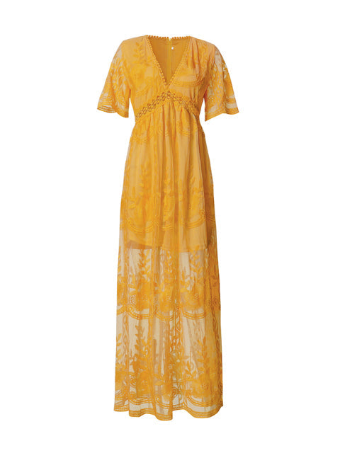 Women's flowy maxi dress in soft fabric, showcasing its elegant drape and comfortable V-neck style.