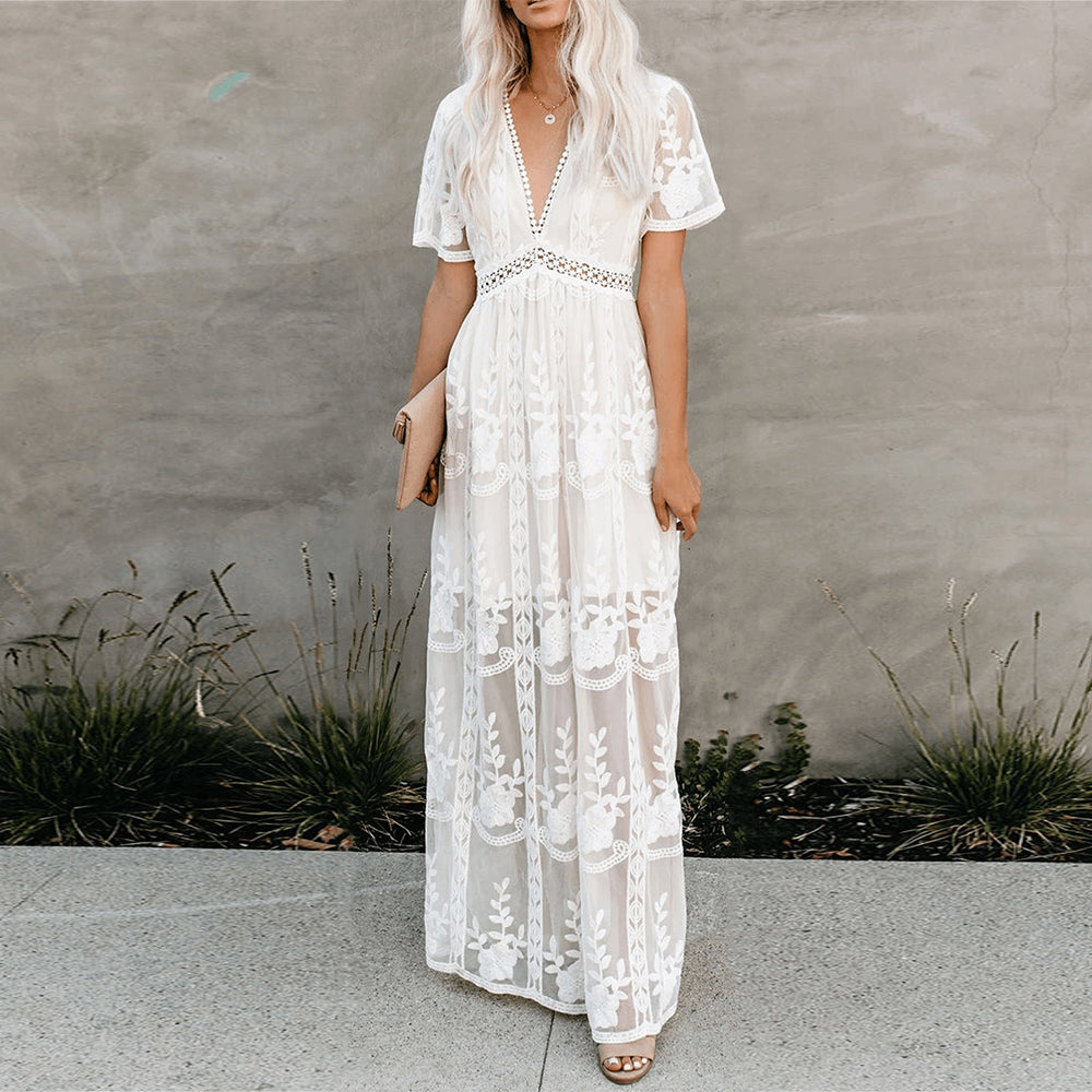 Stylish women's long flowy dress, an elegant V-neck maxi designed for ultimate comfort.