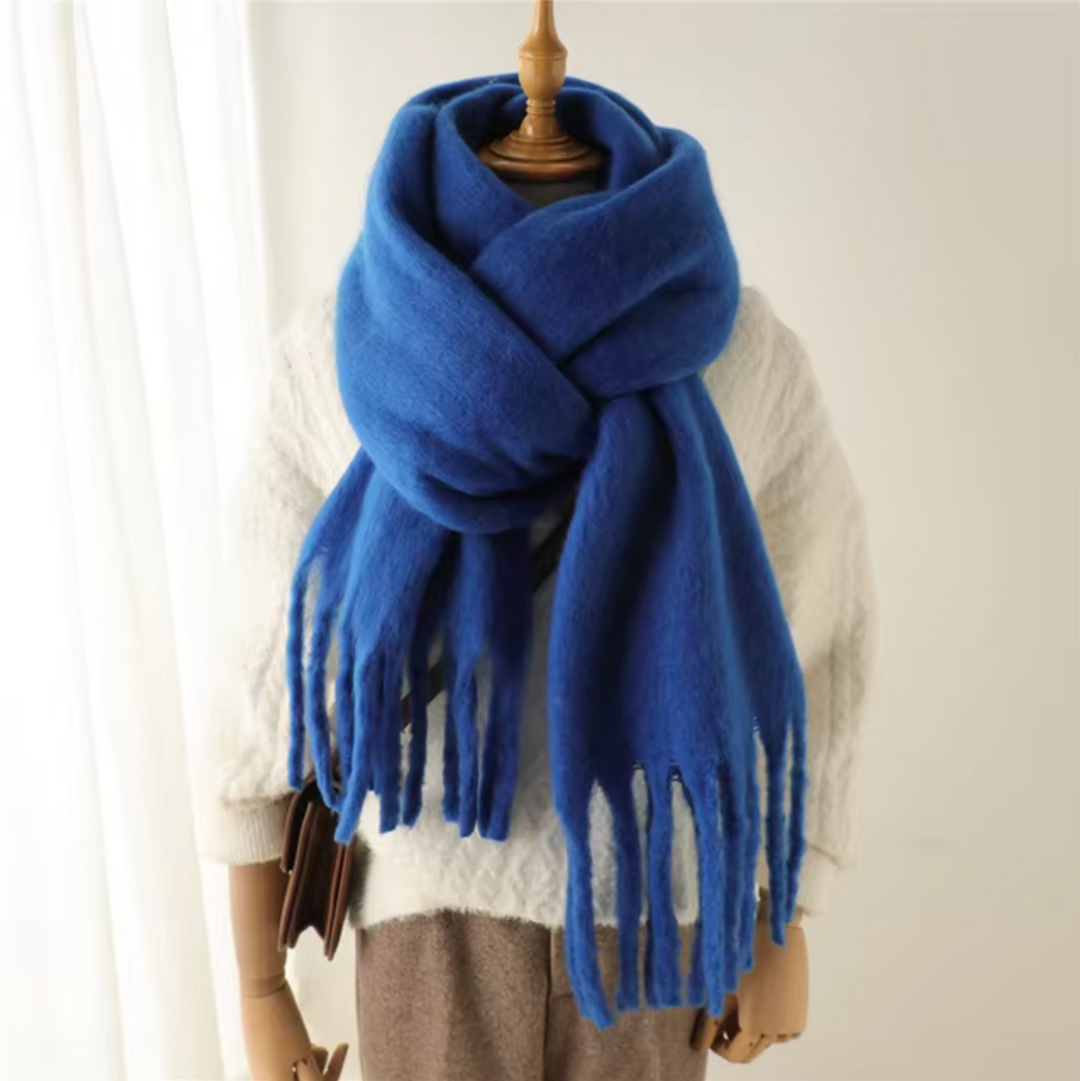 Rich color detail of the women's elegant fringe winter scarf.
