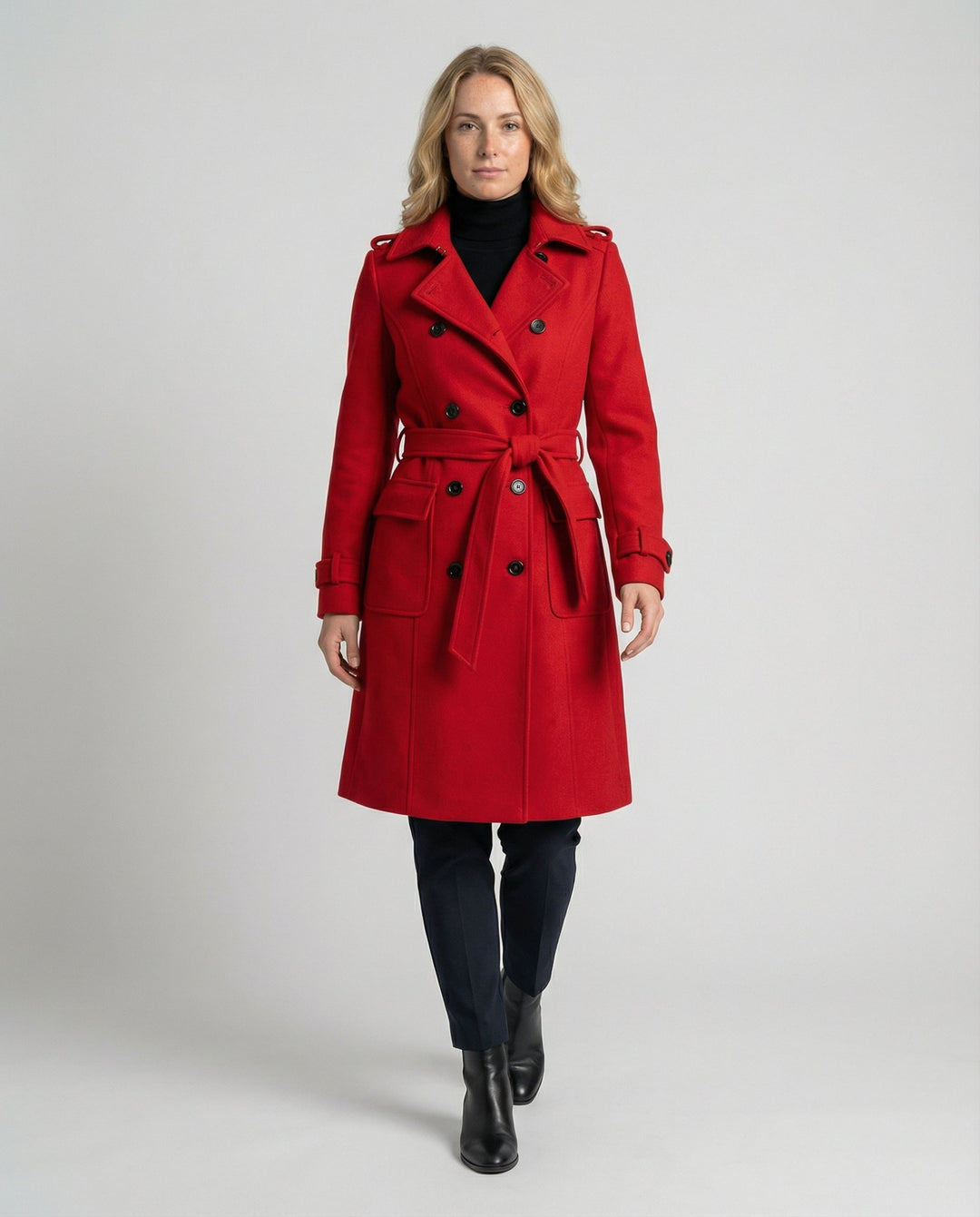 Women's elegant full length double-breasted wool coat in classic black