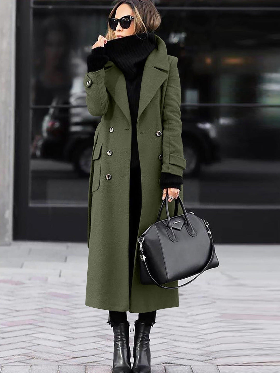 Classic women's outerwear: a stylish double-breasted full length wool coat
