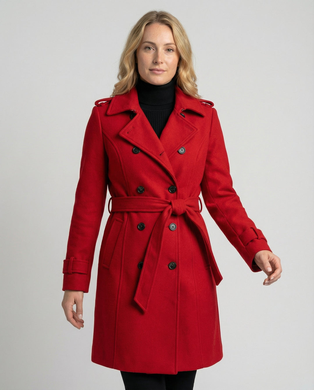 Tailored fit double-breasted women's wool coat, perfect for business casual