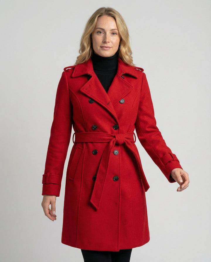 Tailored fit double-breasted women's wool coat, perfect for business casual
