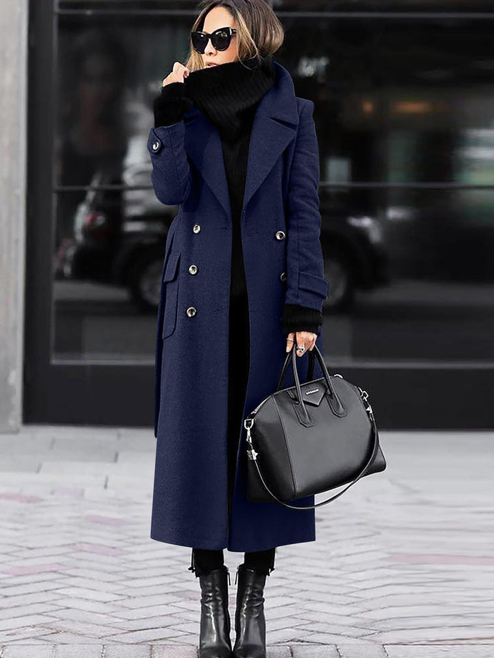 Fashion-forward women's full length wool coat, elegant double-breasted silhouette
