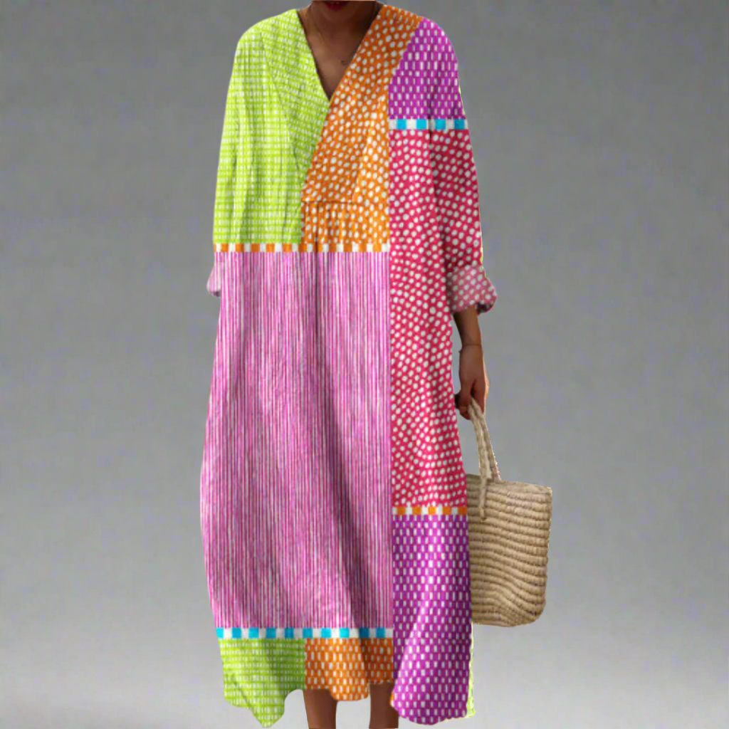 Women's elegant geometric summer dress with relaxed fit and long sleeves, perfect for casual or holiday wear.