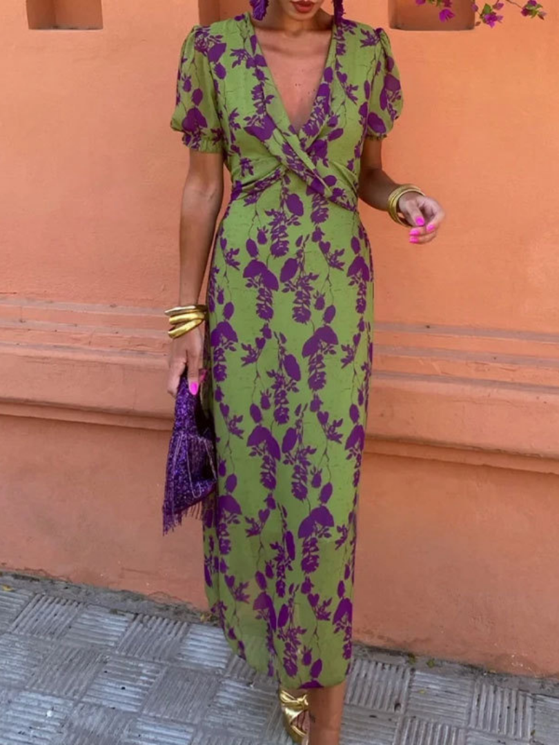 Women's elegant green floral V-neck short sleeve midi dress, perfect for summer parties & special occasions.