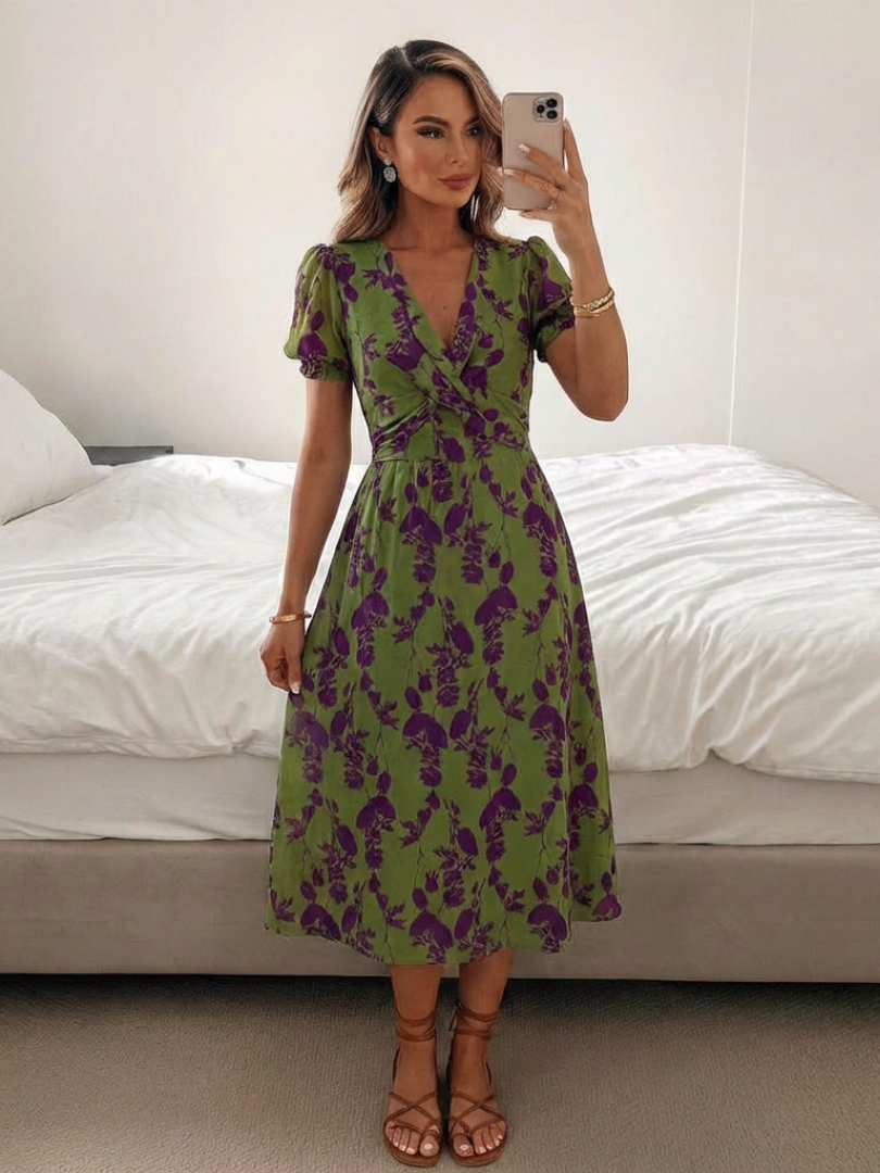 A versatile V-neck short sleeve floral midi dress for women in green, a must-have summer party dress.